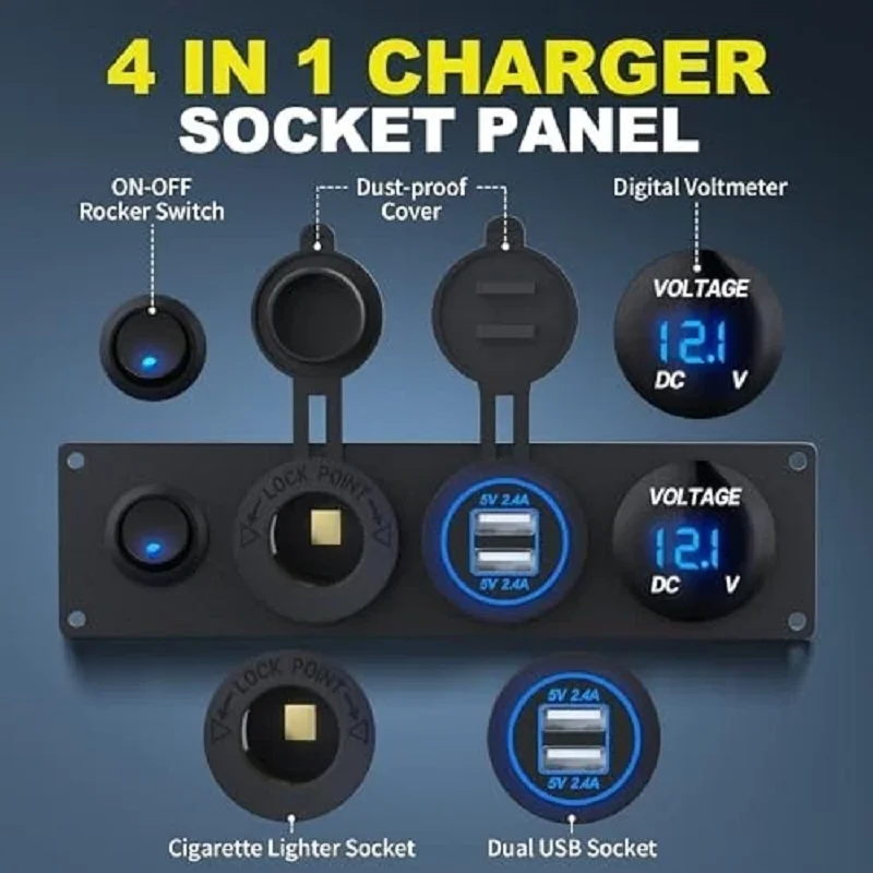 Painel de Tomada 4 em 1 ON/OFF com Carregador, Porta USB Dupla, Voltímetro LED e Tomada de Acendedor de Cigarros com Interruptor LED