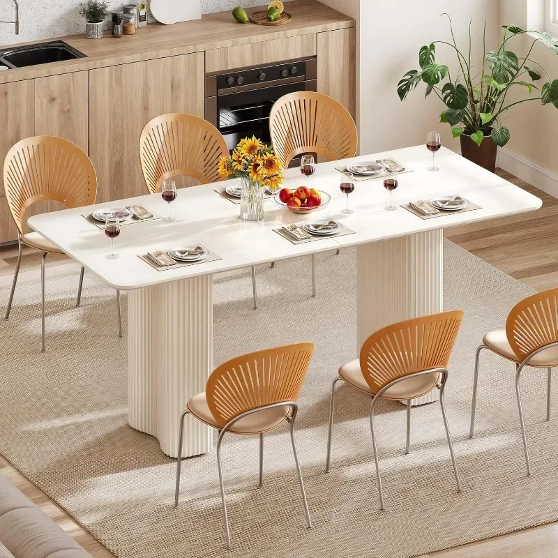 70.8 Inch Eettafel Voor 6-8 Personen Moderne Rechthoekige Keukentafel Met Stevige Golf Gebogen Poten Groot Crème Wit Diner