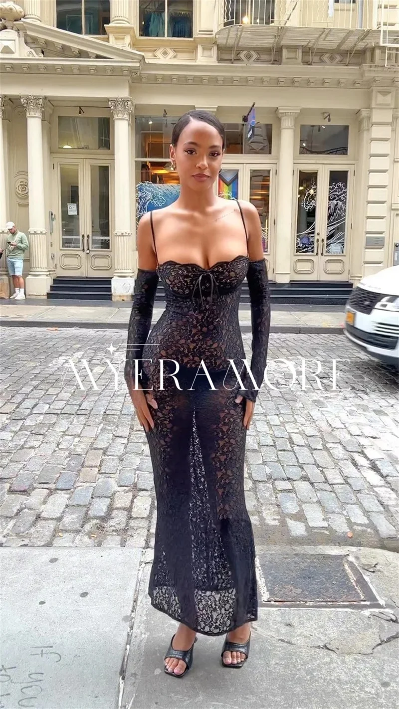 

Sexy Lace Bodycon Evening Dresses Spaghetti Strap Sweetheart Long Glove Floor-Length Party Gown Customized فساتين سهرة