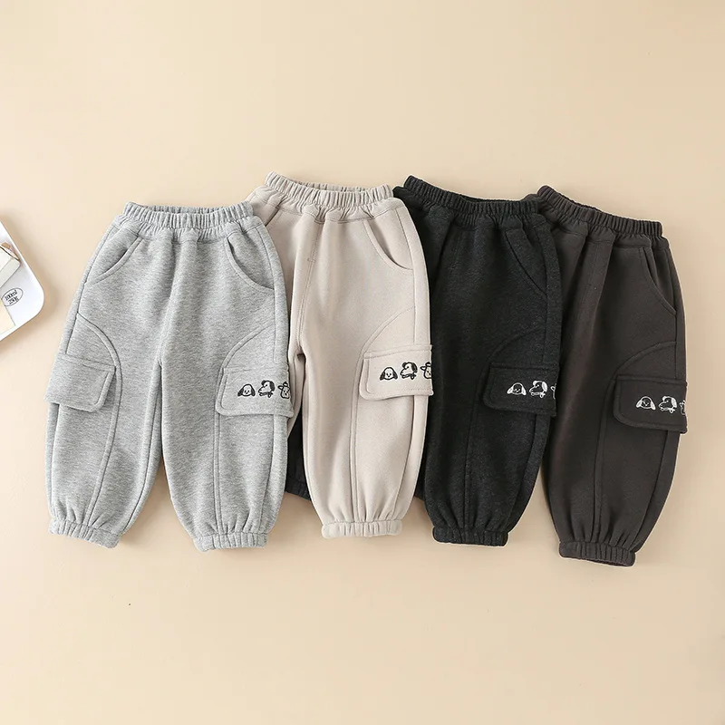 

lastic Waist Cargo Kids Pants with Animal Embroidery Winter Thickened Warm Sweatpants Boys Casual Trousers