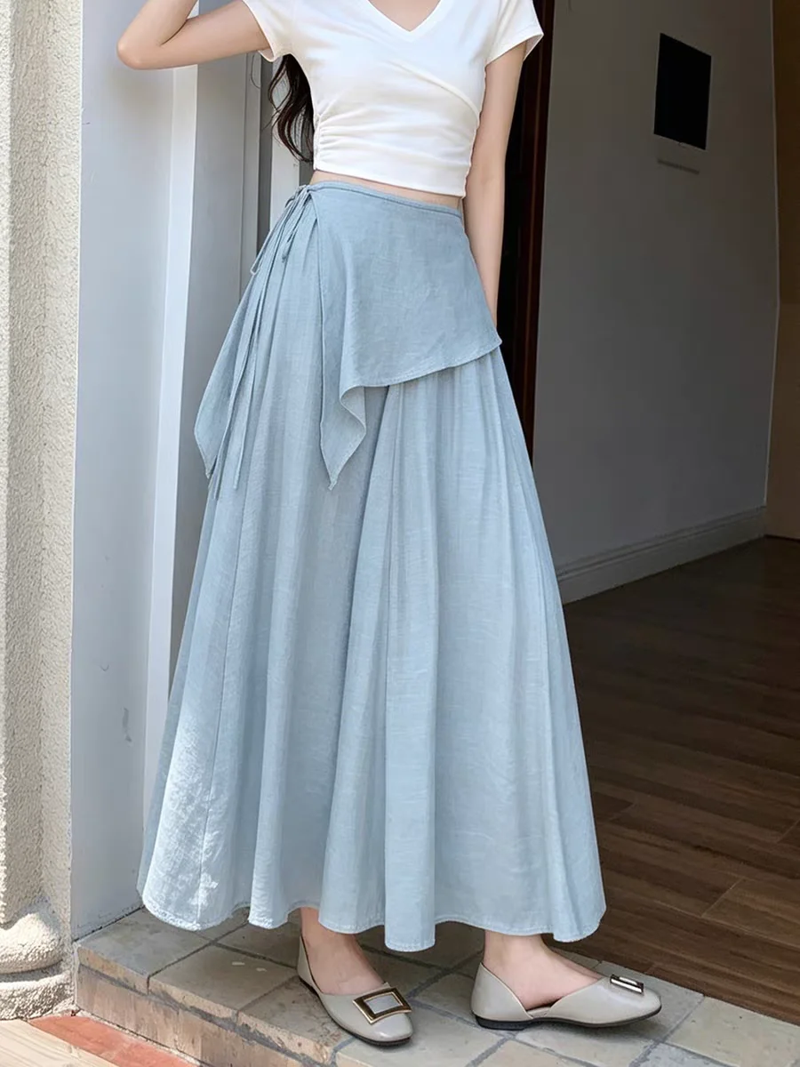 Women's Summer 2026 New Tie Waist High Waist A-Line Maxi Skirts Flowy Bohemian Skirt for Hip Cover