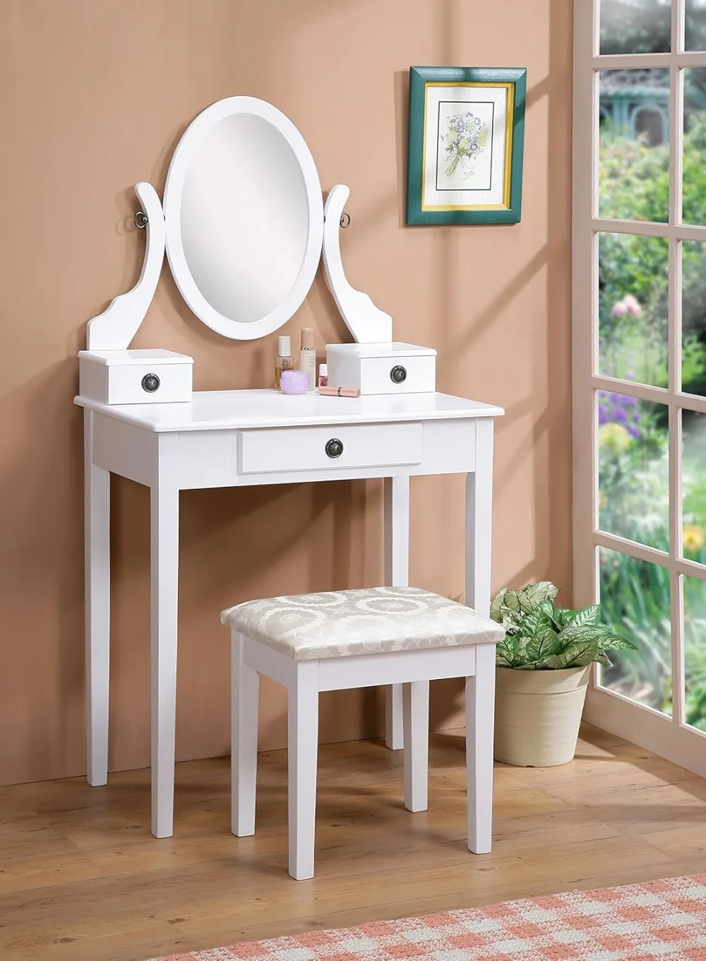 

Roundhill Furniture Moniya White Wood Vanity Table and Stool Set (3415WH) Medium