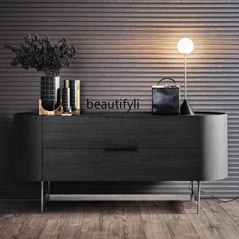 yj Italian Sideboard Chest of Drawers Nordic Light Luxury Smoked Wood Sideboard Cabinet Entrance Cabinet Storage Cabinet