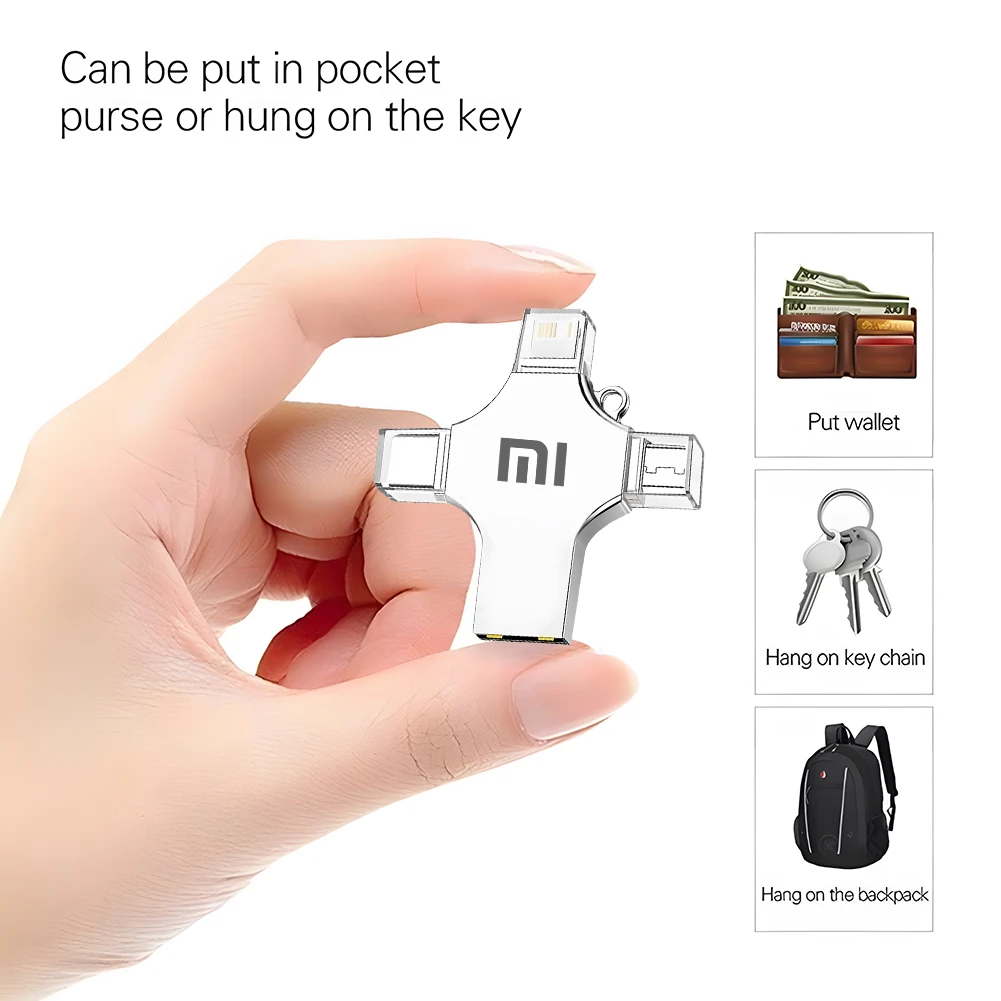 XIAOMI-Type-C OTG USB Flash Drive, Memory Stick para iPhone, Android, PC, Micro USB 3.0 Pendrive, 4 em 1, 2TB, 3.0