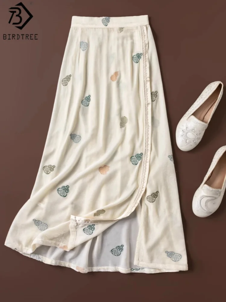 

Юбка Birdtree из 100% шелковой ткани с вышивкой, с боковым разрезом, женская прямая юбка из бархата, на резинке, новинка 2026 D63026JF