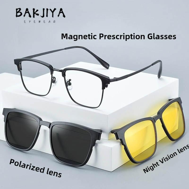 

Magnetic Glasses Frame Polarized Night Vision Shades 3-in-1 Myopia Prescription Glasses Square Adsorption Sunglasses Clip Piece