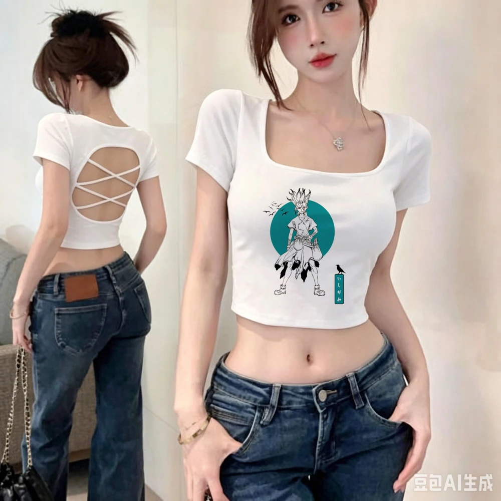 Dr Stone crop top ladies scene  gyaru manga tshirt cheap baddie summer