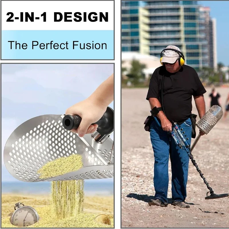 Rustproof Stainless Steel Beach Sand Scoop with Reinforced Handle-Heavy Duty Metal Detecting Shovel for Fast Sifting&Digging