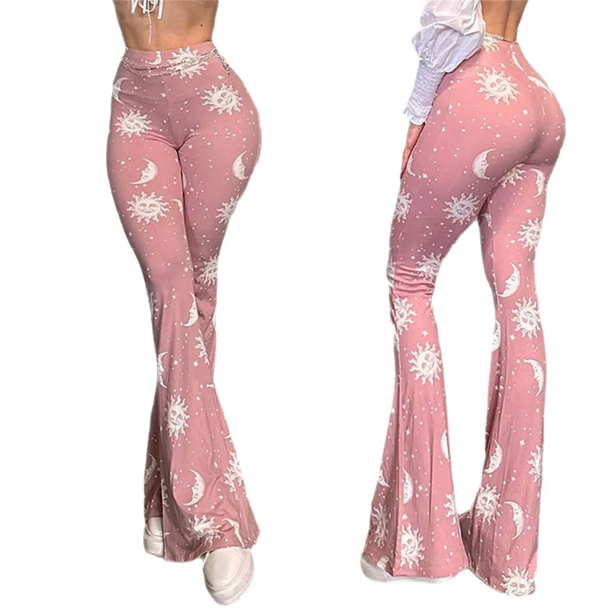 Summer Fashion Printed Slim Fit Pants 2025 Women's Pink Casual Temperament Yoga Pants Tight Print Micro Flared Pants