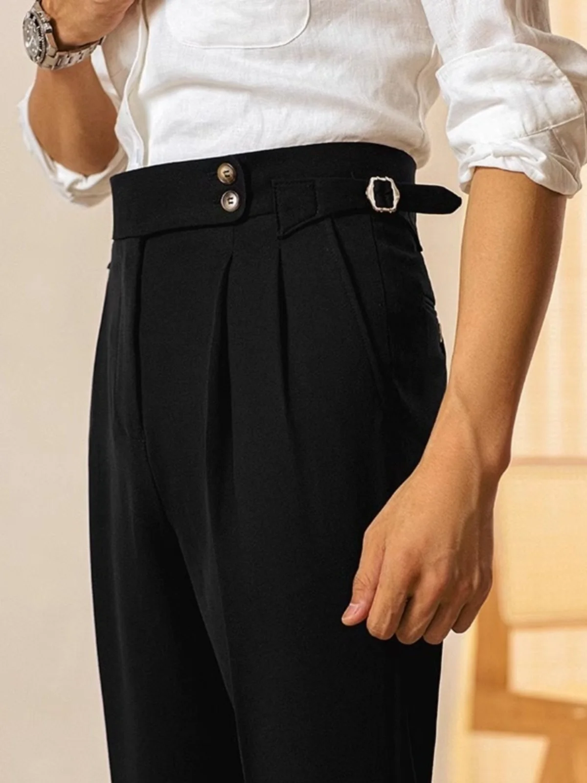 

Casual High Waist Suit Pants Men's Straight Leg Non-Iron Business Paris Button Naples Drape Long Trousers for Spring Season