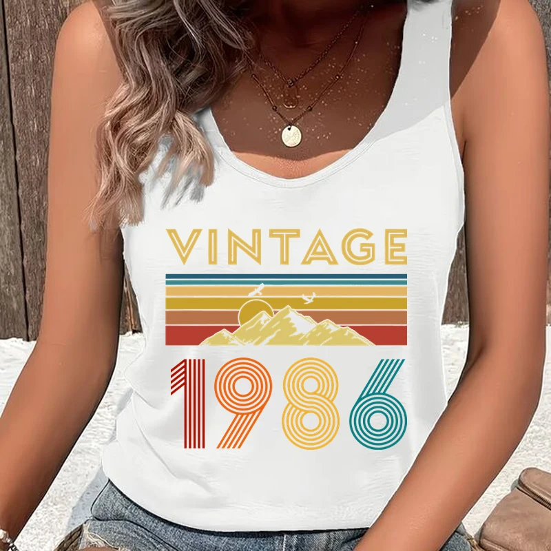 Vintage 1986 Mountain Sunset Print Women Tank Top Sleeveless Casual Summer New Crew Neck Tops for 40th Birthday Gifts