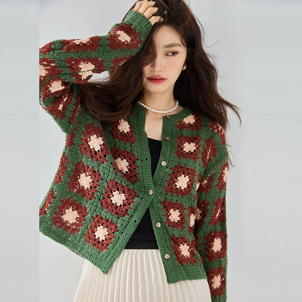 

Women's Knitted Cardigan Fashion Retro Stereoscopic Crochet Plaid Single-breasted Jumper Cardigan Jacket Christmas Sweater Coat