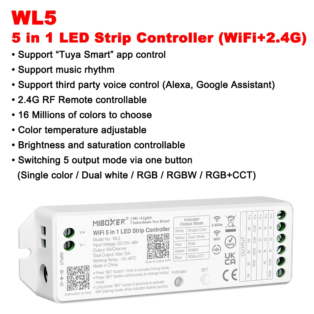 Miboxer WL5 2.4G 5IN1 WiFi LED Controller APP/TUYA /Third Party Voice Control For Single/Dual color RGB RGBW RGB+CCT Led Strip