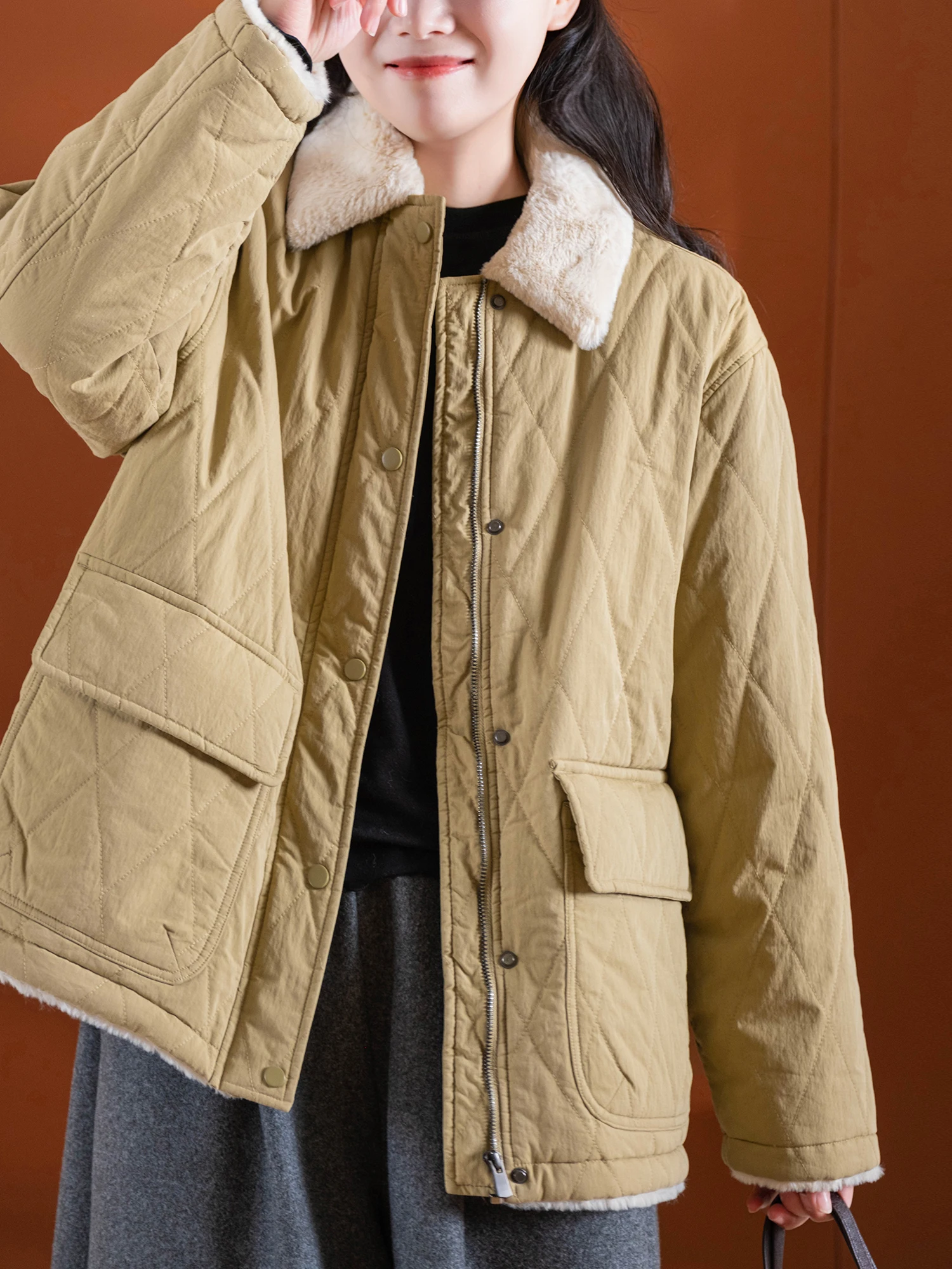 

Утепленная хлопковая куртка с меховым воротником, вышивкой ромбовидным узором, брендом Small Ear, женское зимнее пальто на молнии, длинное, с длинными рукавами