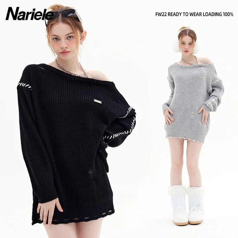 Long Sleeve Shirt Women Off Shoulder Sexy Chain Shoulder Strap Perforated Pullover Long Sleeve Grey Knitted Sweater Loose Casual