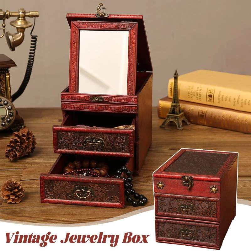 Retro Dressing Box Chinese Classical Wooden Jewelry Storage Antique Court Jewelry Box With Mirror Creative Wedding Gift Box