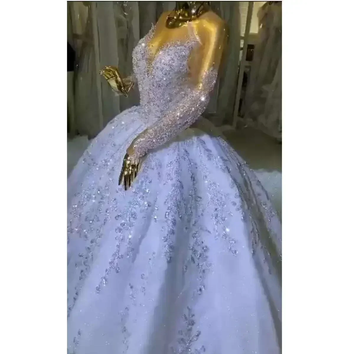 Customized  Scoop Neck Sparkly Bead Sequins Luxury Wedding Dress Long Sleeves Satin Vestido De Noiva Ballgown Puffy Bridal Gown