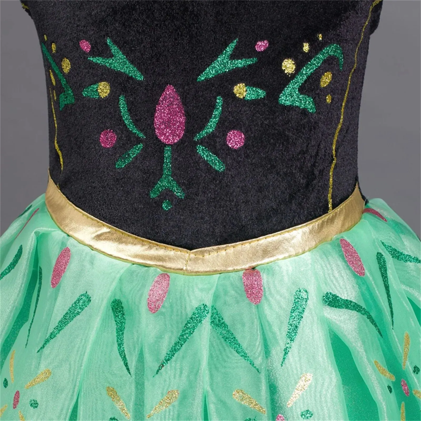 Girls Frozen Anna Green Princess Dress Kids Embroidery Flower Party Costume Mesh Material Short Sleeves Mid-Length For Beauty