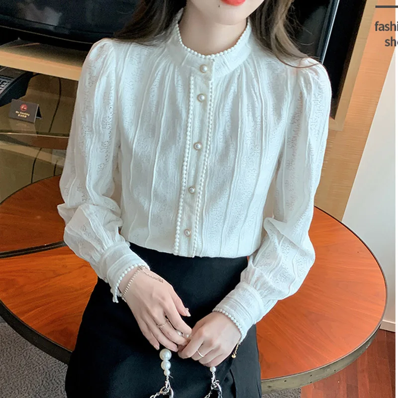 Autumn New Vintage Lace Stand Collar Chiffon Shirts Women Clothing Fashion Elegant Long Sleeve Tops Chic Button Commute Blouse