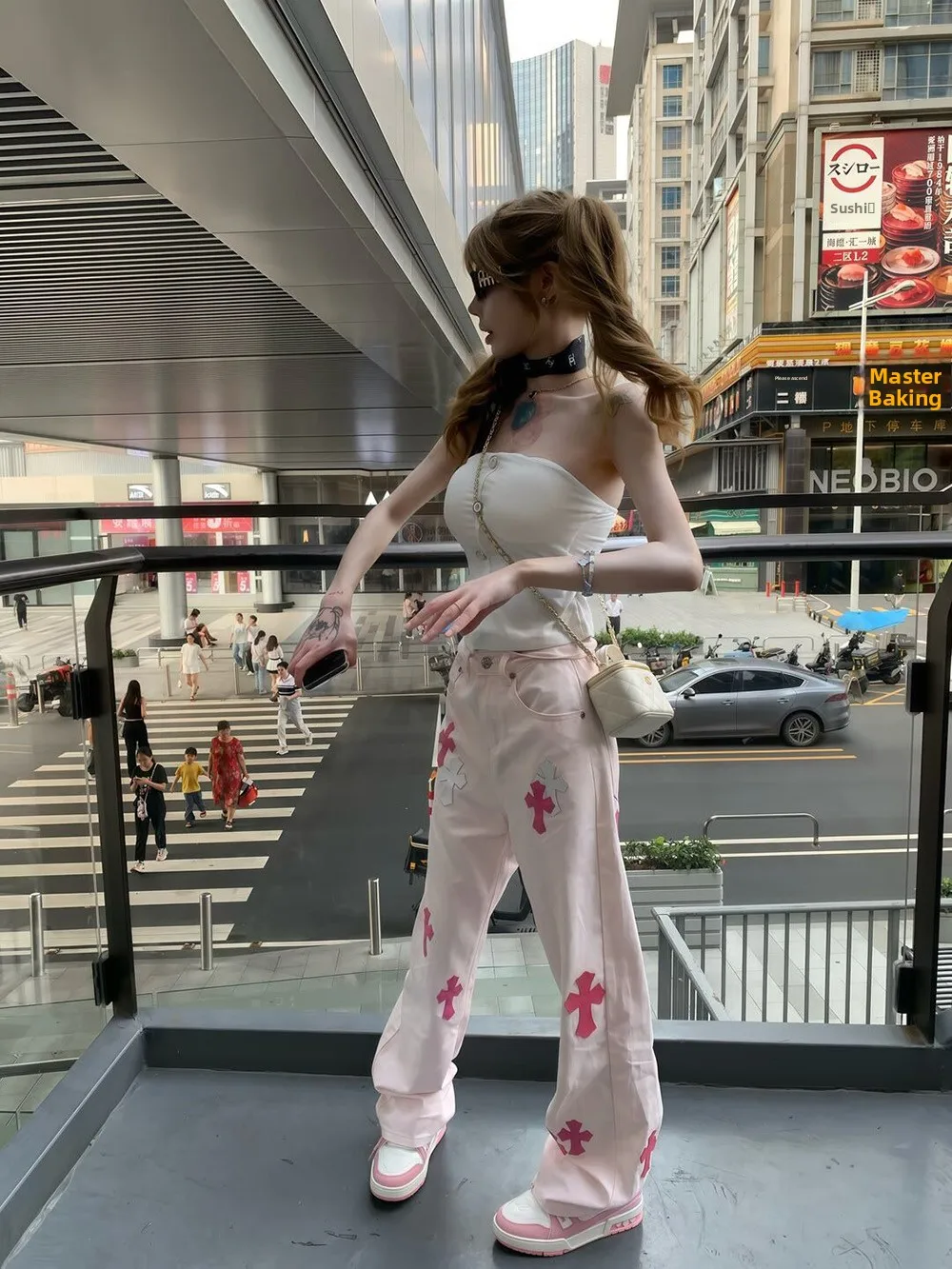 

Американские женские джинсы из плотного денима с кожаными нашивками, высокой талией, прямым кроем, розовые, свободные, широкие, длинные брюки