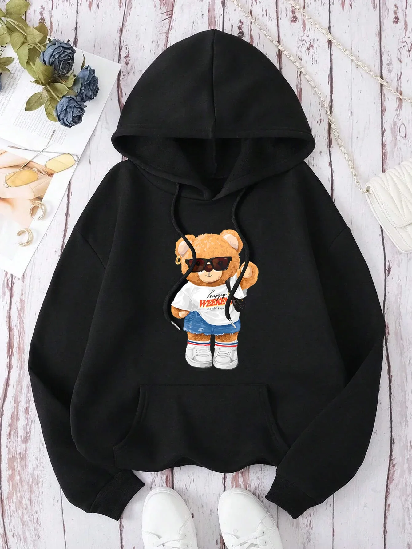 A Young Teddy Bear Girl Full of Vitality Cute Hoodie Women\'s Street Wool Hoodie Loose Sweatshirt Hip-hop Women\'s Top