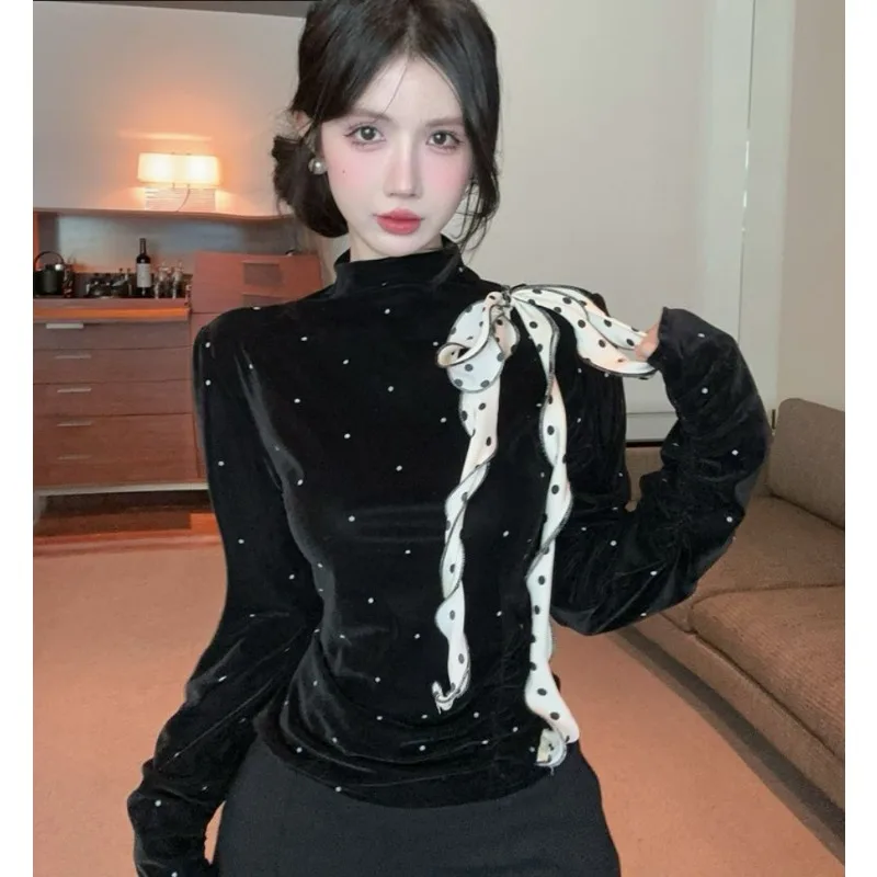 تصميم عصري ريترو البولكا نقطة المخملية مطوي التعادل التخسيس و الشكل المعانقة تي شيرت المرأة الخريف الراقية يشعر معطف #5