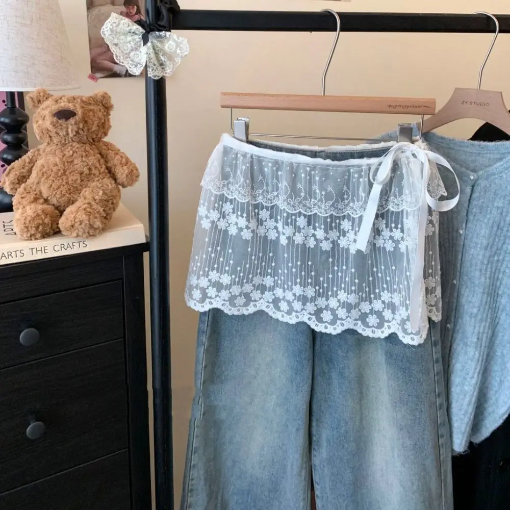 Y2K Sweet Lace Mini Skirt Korean Style Flower Gauze Skirt Lace-up Hight Waist Ruffled Edge Skirt Girls