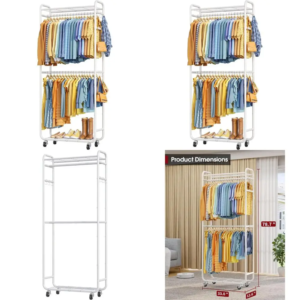 

Space-Saving Clothing Rack with Shelves, Hangers, Hooks, Lockable Wheels & Wall Anchor for Wardrobe Storage in Bedroom, 33 x 12.