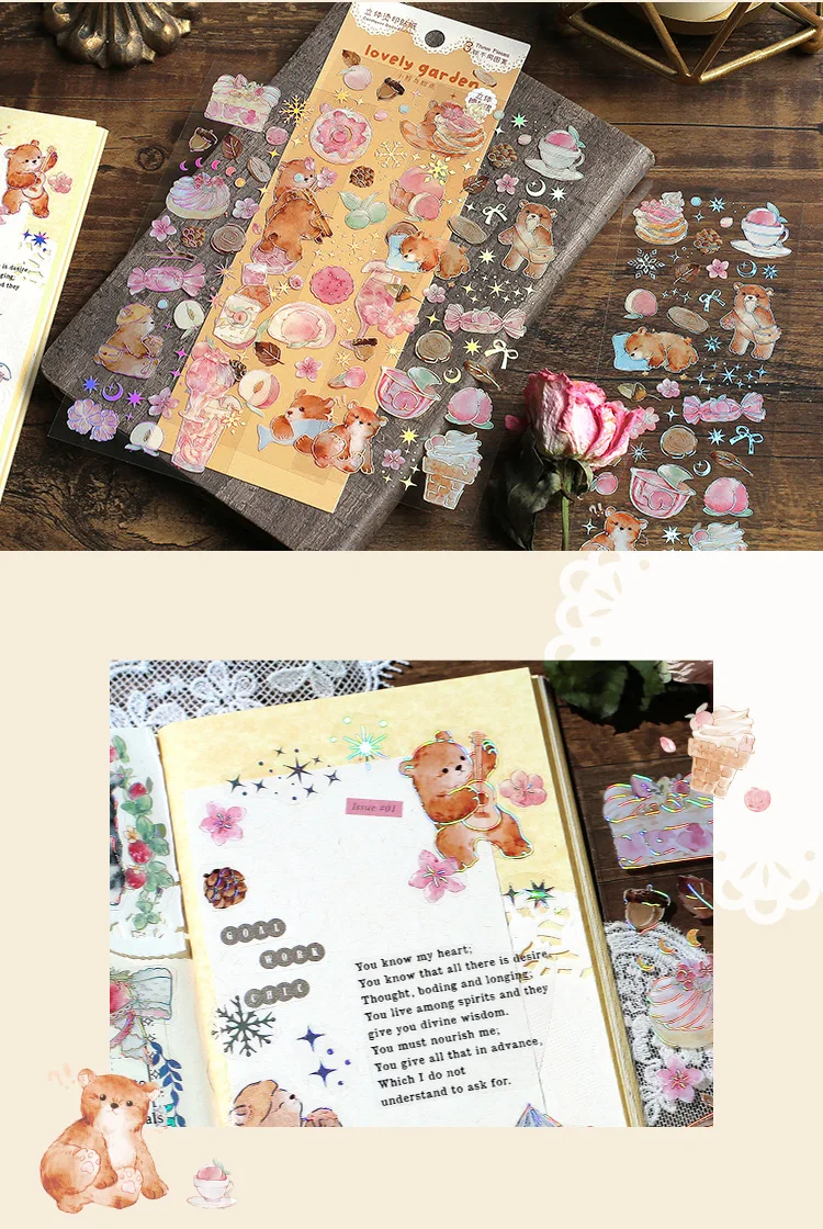 3 Sheets/pack Laser Bronzing PET Hot Stamping Jellyfish Cute Bear Dog Florals Transparent Decorative Stickers