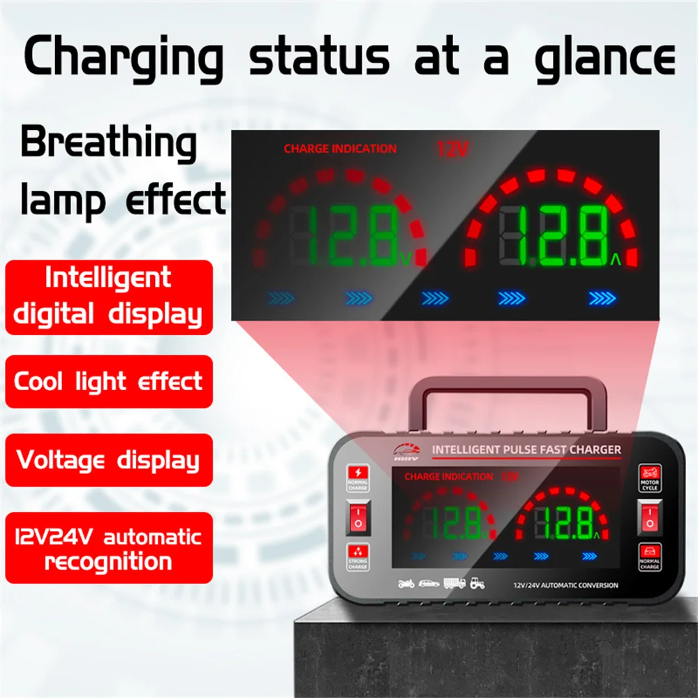 12V/24V Car Battery Charger 10A/5A Intelligent Pulse Repair Fast Charger LCD Digital Display Fully Automatic Car Battery Charger