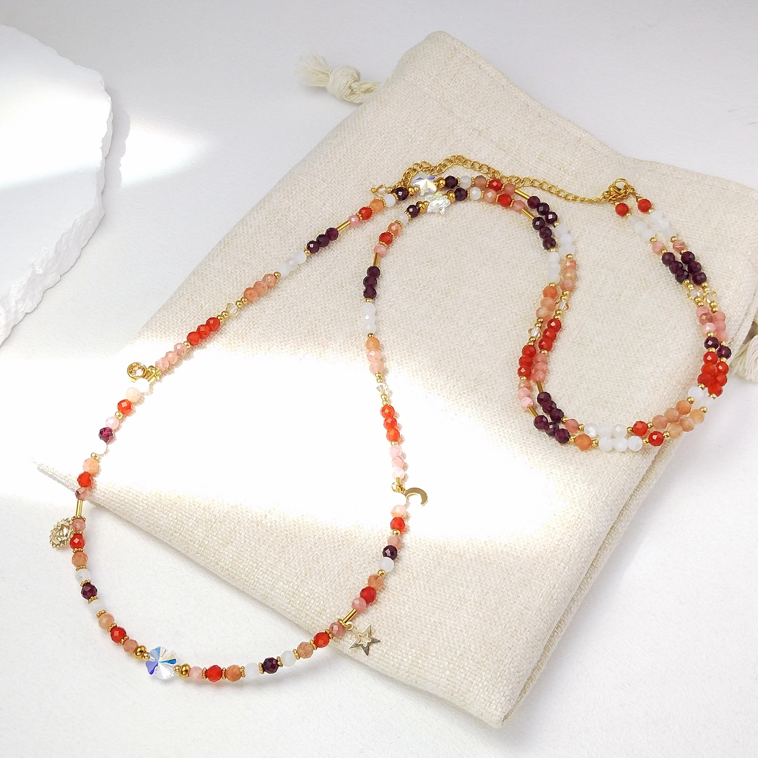 Lii Ji Garnet Sunstone Moonstone Rhodochrosite Carnelian 4mm Stainless Steel Gold Plated Waist Chain 95+10cm
