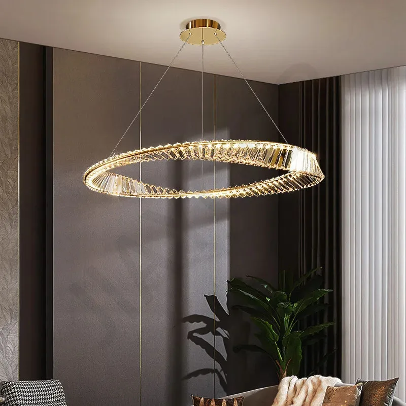 Modern Luxury Living Room Led Dimmable Chandelier Plated Steel Gold Irregular Ring Pendant Lights K9 Crystals Led Hanging Lamp