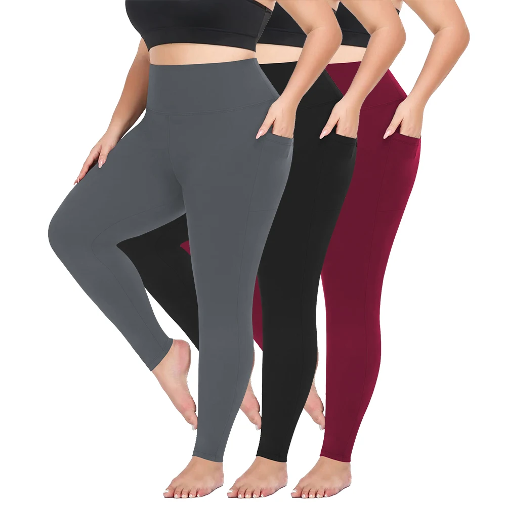 3 Pack Plus Size Leggings With Pockets For Women High Waisted Spandex Soft Workout Yoga Pants