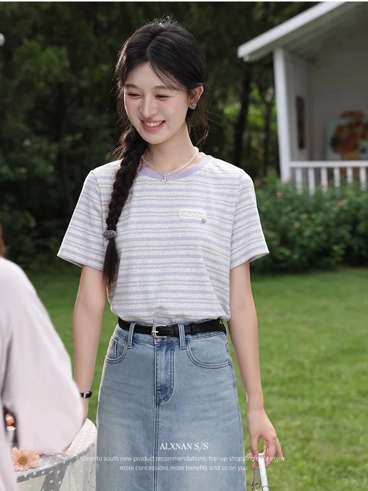 ALXNAN Plus Size vrouwen T-shirt Paars Ronde Hals Gestreepte Katoenen T-shirts Zomer Elegant Office Lady Korte Mouw Tops D12036