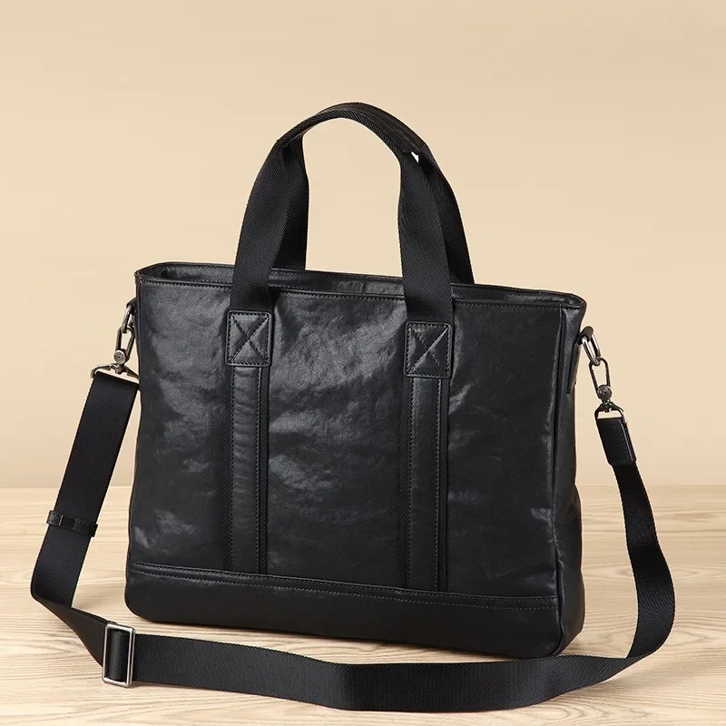 Borsa per computer per documenti da uomo in vera pelle, stile orizzontale per affari e tempo libero, borsa a mano di grande capacità in pelle bovina di primo strato.