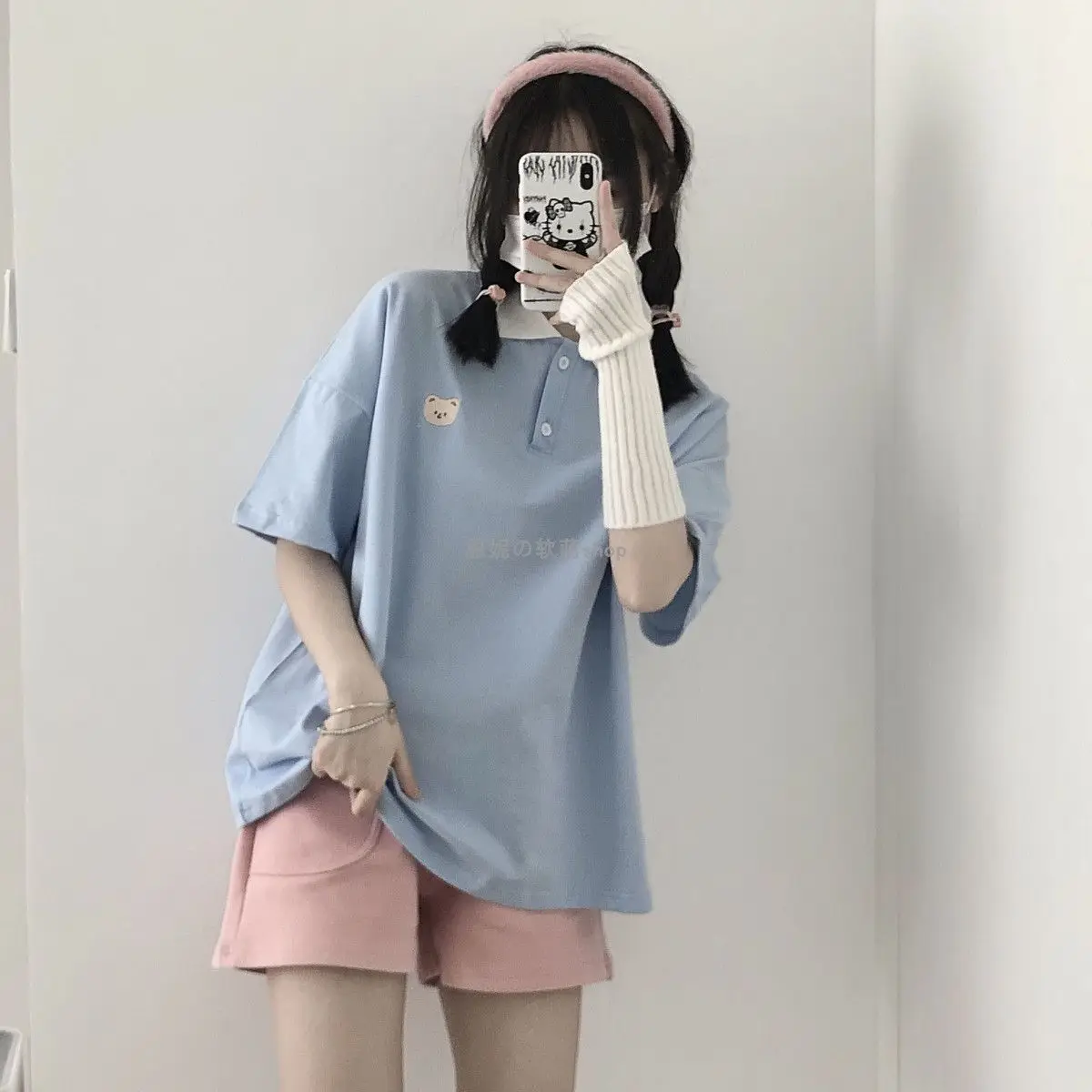 

Summer College Style Polo Shirt Women Short Sleeve T-Shirt Cute Bear Embroidery Loose School Uniform Sweet Cotton