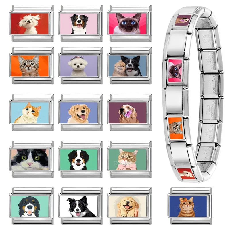2025 Colorful Animal Ginger Cats Golden Retriever Dogs Italian Charm Link Fit 9mm Stainless Steel Bracelets Making DIY Jewelry