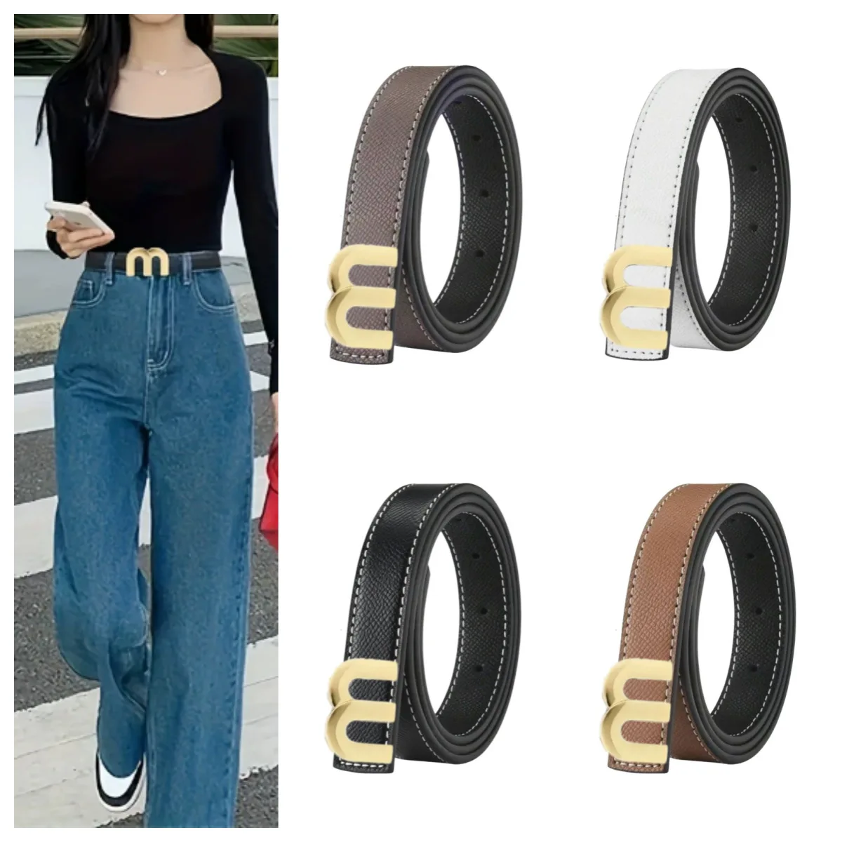 2025 Новый европейский регулируемый тонкий ремень из натуральной кожи с золотой пряжкой и буквами для женщин, дизайнерские универсальные джинсовые платья, костюмы