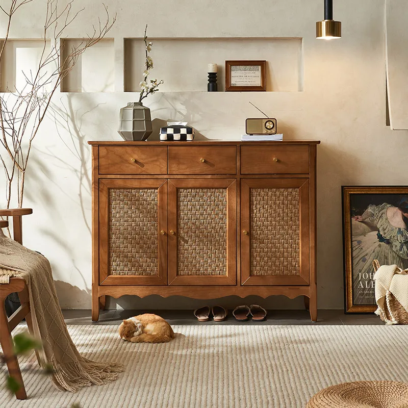

Wabi-**** Japanese rattan solid wood dining side cabinet log wind storage side cabinet living room locker shoe cabinet porch che