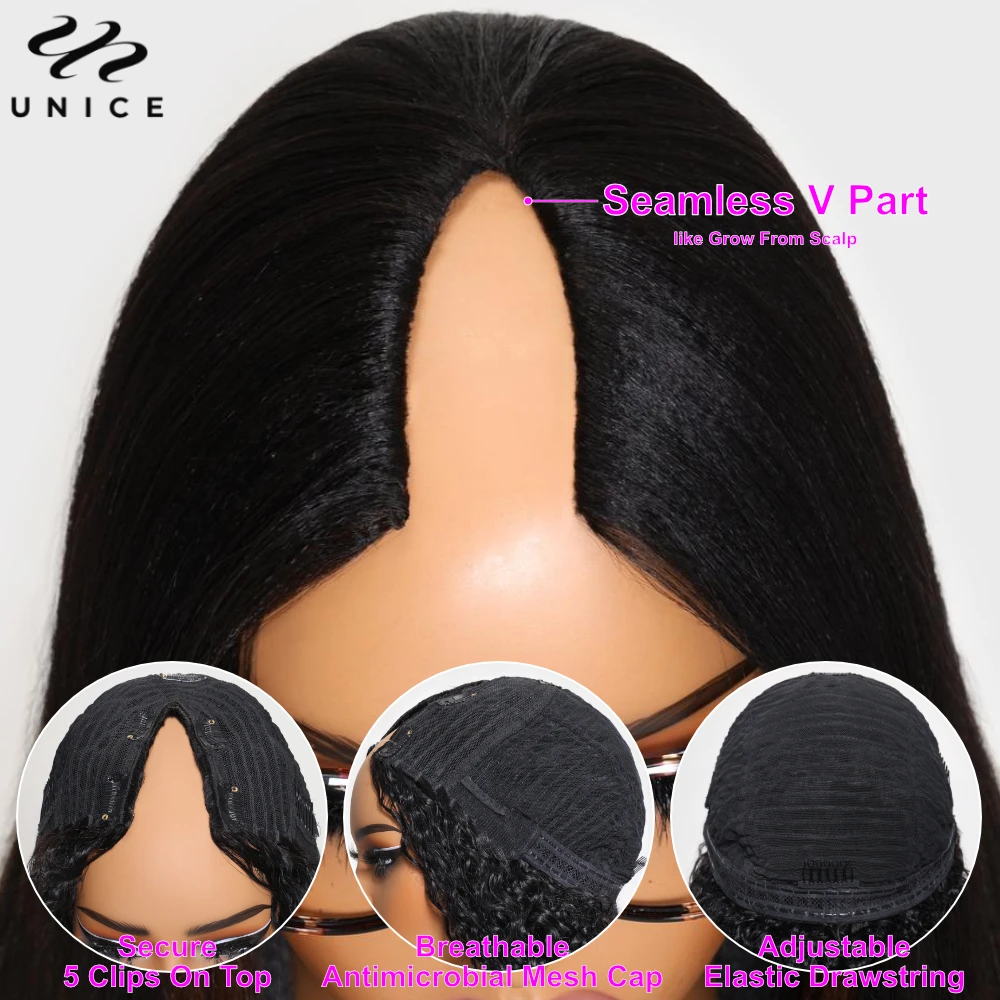 Unice Hair Yaki Straight V Part Wig Human Hair Clip-in Human Hair Wigs Upgrade U Part Wigs Easy Blend Seamless Mini Leave Out