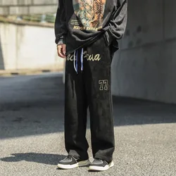Men's Solid Color Letter Pockets Elastic High Waisted Casual Loose Wide Leg Cargo Sweatpants Trousers Spring Autumn Pants