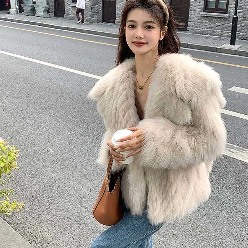 Luxo Fox Fur Coat Inverno Coreano Moda Grossa Quente Solto Plush Short Jacket Feminino Damasco Grande Lapela Manga Longa Woll Coats