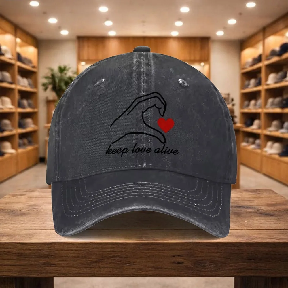 Heart Hand Keep Love Alive Print Washed Denim Baseball Cap Adjustable Casual Hat