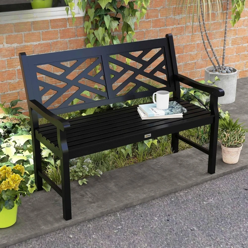 

Outdoor Garden Bench, Wooden Frame Patio Bench with Geometric Pattern, 43.25 Inch Weatherproof 2-Person Love Seat, Customized