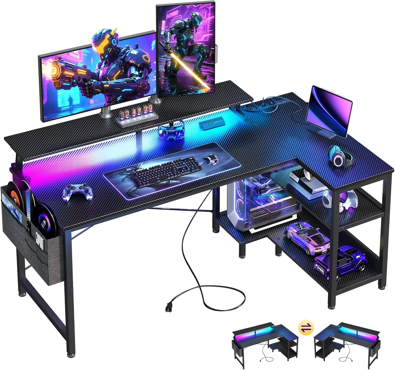 

48 Inch L-Shaped Gaming Desk with USB Ports, LED Lights, Monitor Stand & Storage – Black