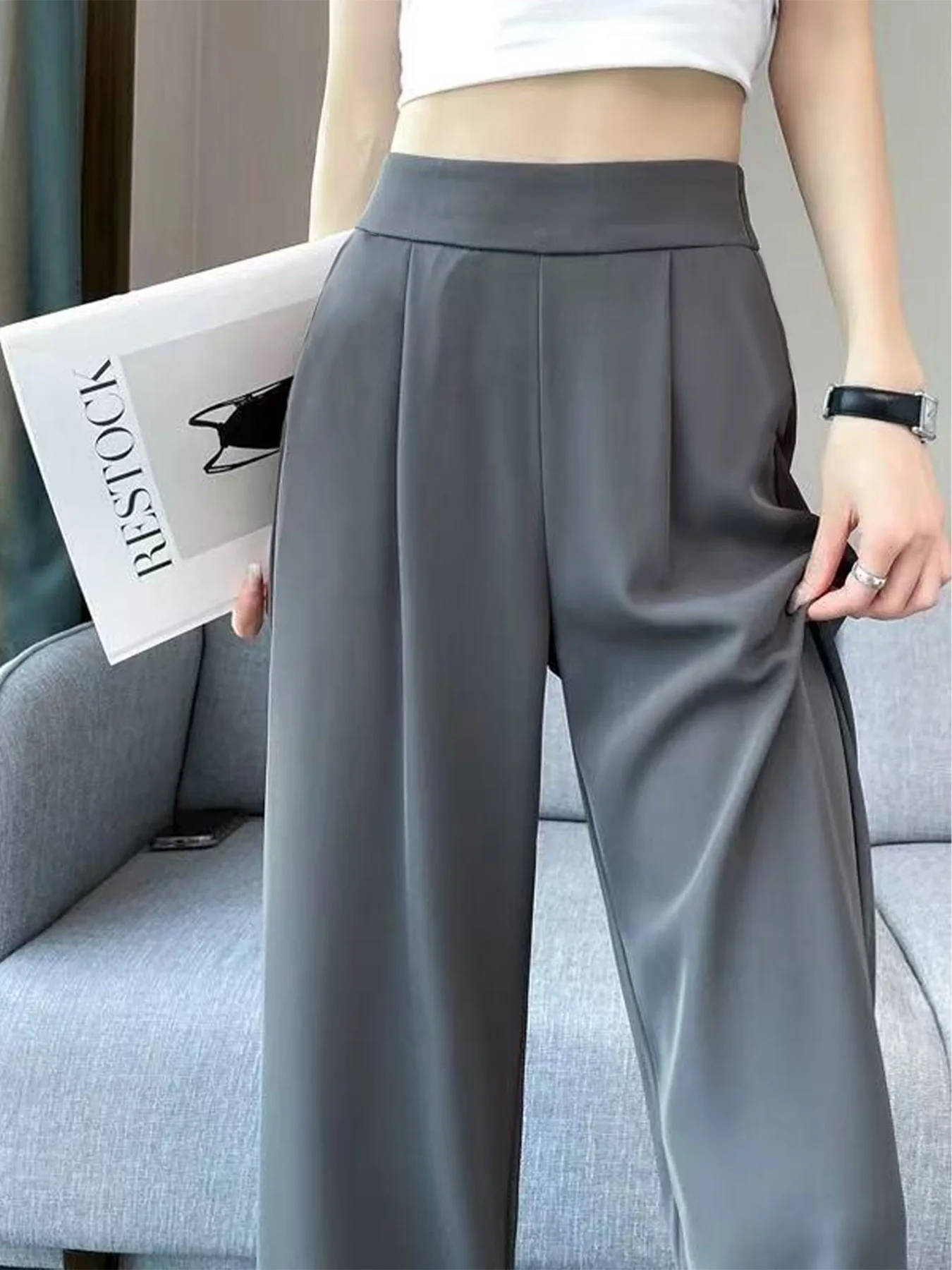 بنطال بدلة نسائي مع ثنيات، كاجوال نحيف مستقيم وواسع الساق، بنطال مستقيم فضفاض عالي الخصر وتنحيف