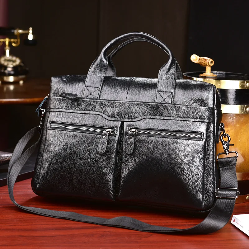 Soft Genuine Leather Men\'s Briefcase 15 inch Laptop Business Bag Cow leather Double Layer Messenger Bag work Tote Black