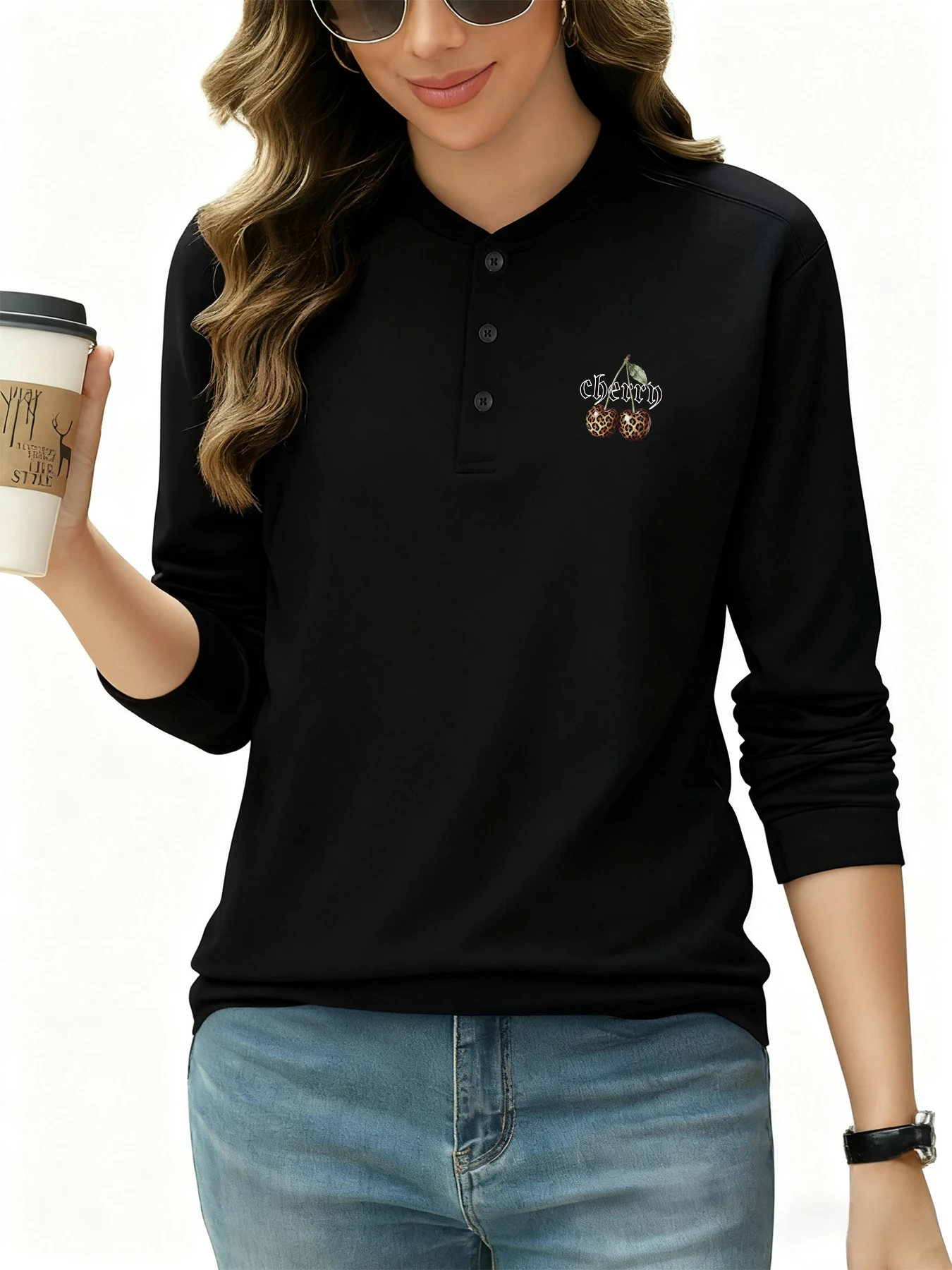 Leopardo impressão cereja imprime mulher henley camisa moda camisas de negócios casual respirável manga longa outono botão roupas