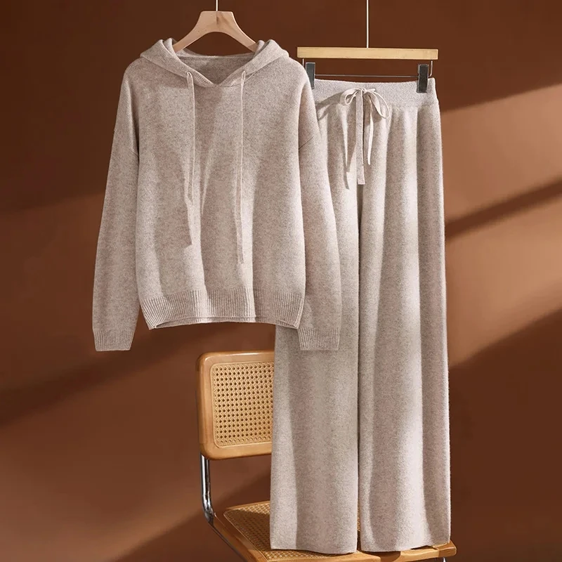 Women's 100% Wool Hooded Pullovers Wide Leg Pants Set Thick Casual Knitwear Autumn Winter Pure Wool Knit Sweater Trousers Suit