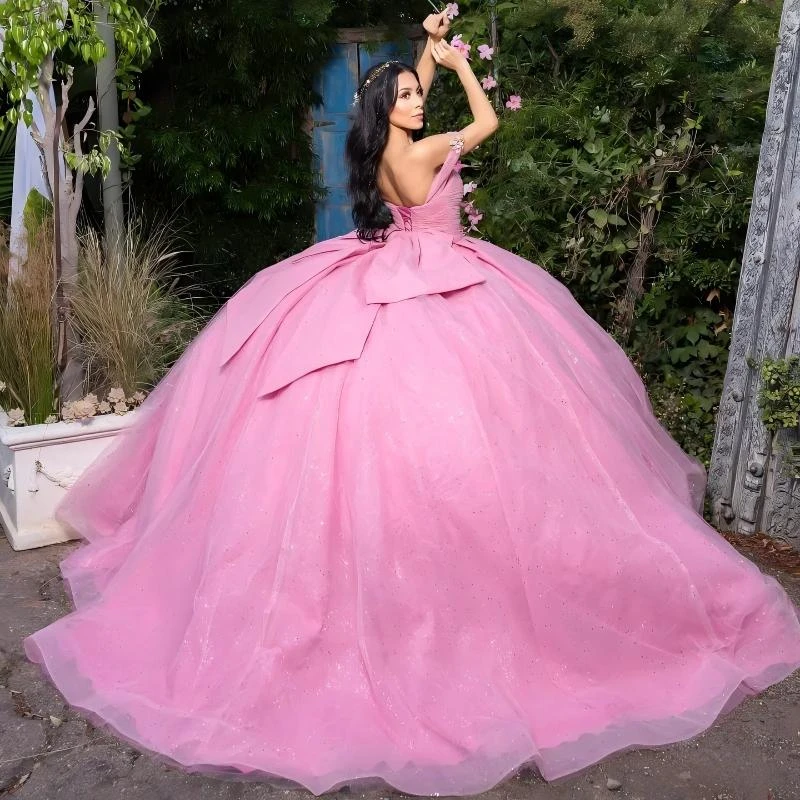Sonhar Vestidos สีชมพู Glitter 15 Quinceanera Ball Gown ปิดไหล่ชุดโบว์ที่กําหนดเอง 15 ปีเจ้าหญิง Dre